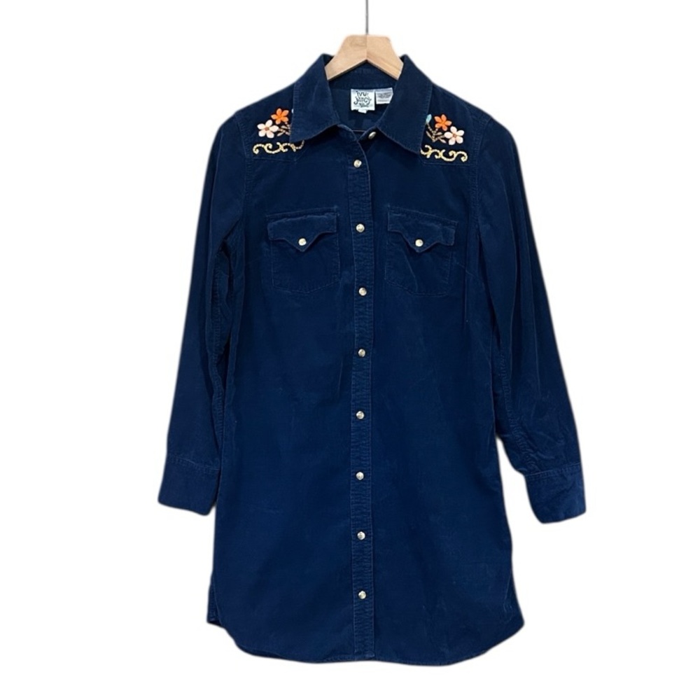 Ivy Jane Navy Blue Corduroy Embroidered Pearl Snap Dress Size Small - Picture 2 of 11